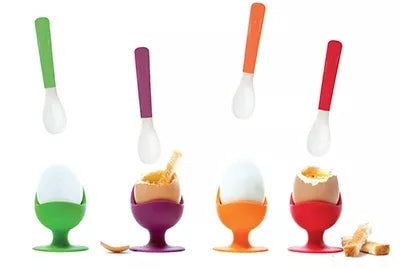 Spalvingi "SiliconeZone" kiaušinių stovai su šaukštais 4 vnt.