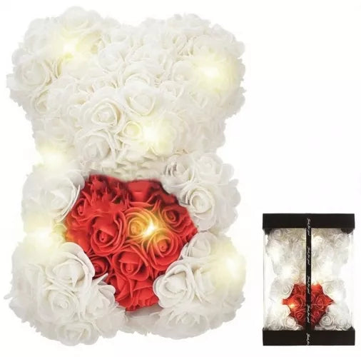 Led Rožių Meškiukas Su Širdyte 25 Cm, Baltas