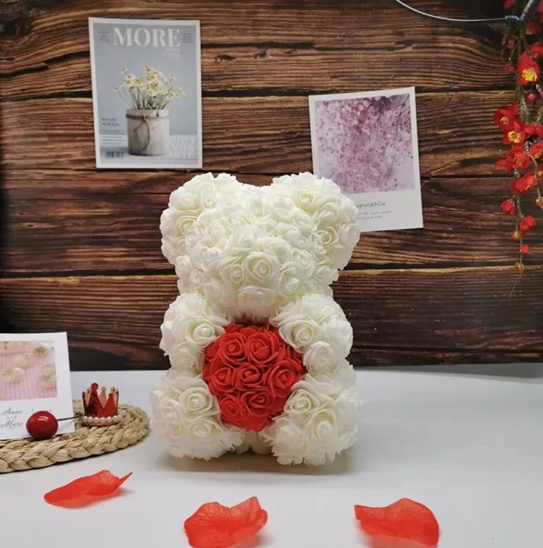 Led Rožių Meškiukas Su Širdyte 25 Cm, Baltas