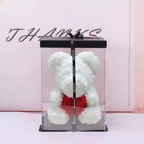 Led Rožių Meškiukas Su Širdyte 25 Cm, Baltas