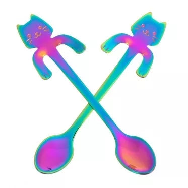 Nerūdijančio plieno šaukšteliai su kačiuko atvaizdu, 2 vnt (vaivorykštės spalvų)