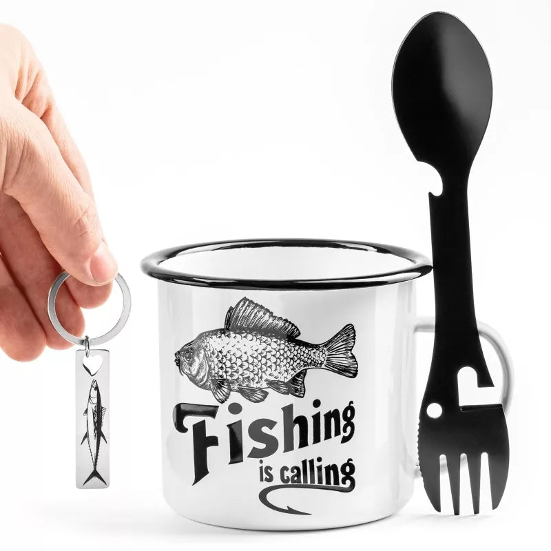 Žvejo Rinkinys - Emalinis Puodelis + Įrankis + Rakto Pakabukas